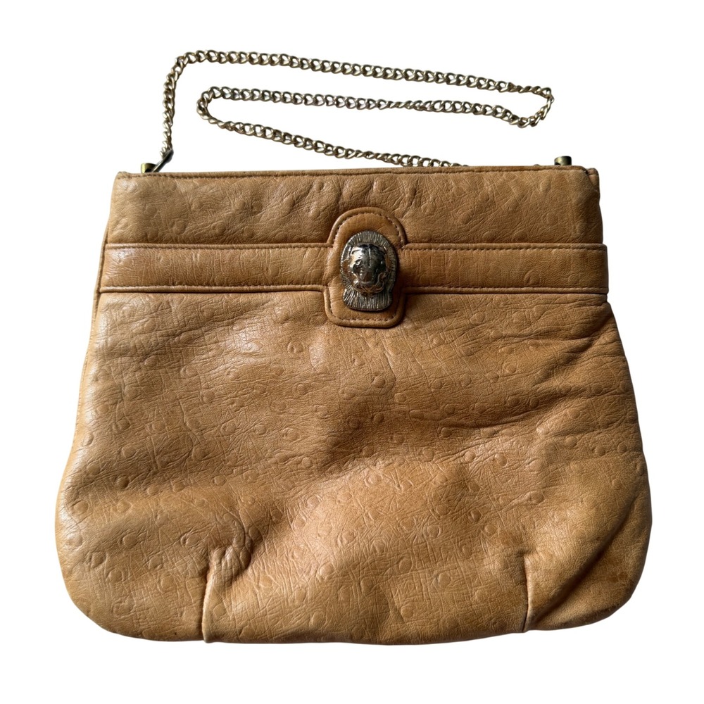 Ruth Saltz Vintage Tan Ostrich Leather Cougar Crossbody Bag Gold Chain 60's 70's